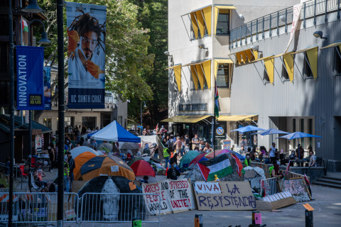 Today, students at UC Santa Cruz marched for International Workers' Day and then established a Gaza solidarity encampment at Quarry Plaza. 