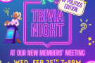 A colorful flyer that includes the meeting information for Trivia Night being hosted by the SF Green Party on Wednesday, February 25th.