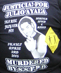 T-shirt advertises the Justice For Julio Ayala Campaign