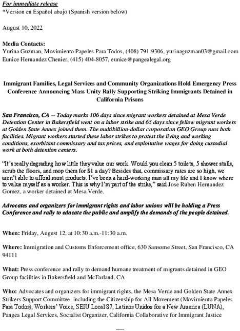Friday 8/12: Press Conference and Rally for Detained Immigrant
Strikers