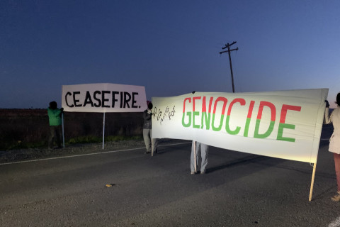 Protesters blockading the enternece to Beale at the Wheatland Gate.