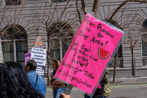 placard reads "from Palestine to the Bay Area" Reproductive Justice for all