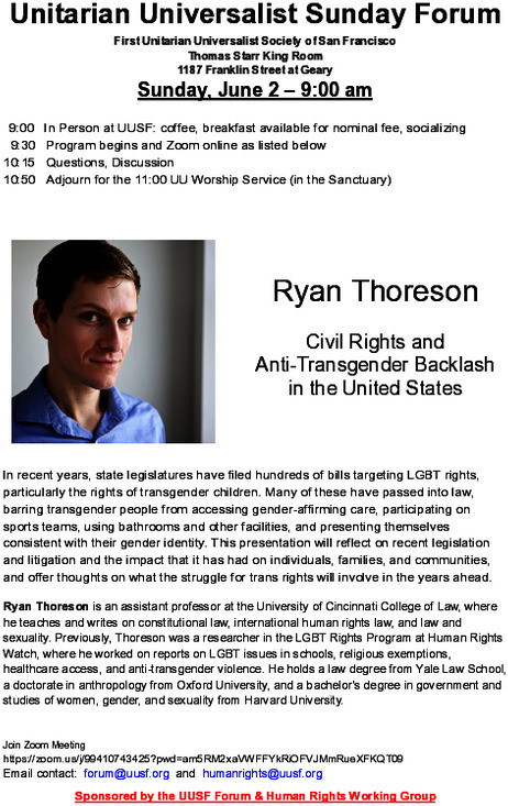 Sunday 6/2: Professor Ryan Thoreson: "Civil Rights and
Anti-Transgender Backlash in the United States"
