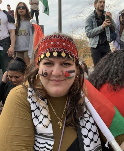 Hannah Moushabeck at a protest 
