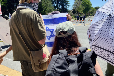 Israeli flag wielding counter demonstrator tries to block pro Palestine protesters