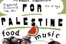 Flyer with text “ fundraiser for Palestine food music, art and more 577 5th St., Oakland” includes images of strawberries and watermelon 