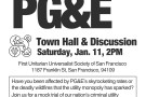 Bold lettering in black that reads, People's Trial of PG&E Town Hall & Discussion, Saturday January 11th at 2pm at UUSF