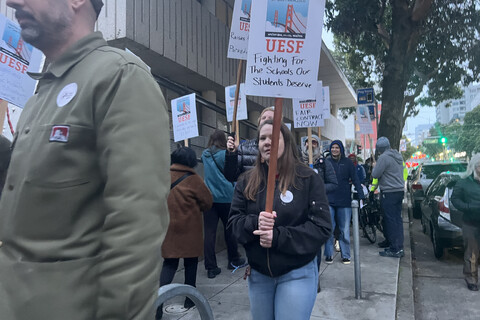 Hundreds of SFUSD teachers and staff rallied at the school board meeting to protest the layoffs and combining classes affecting the educa...