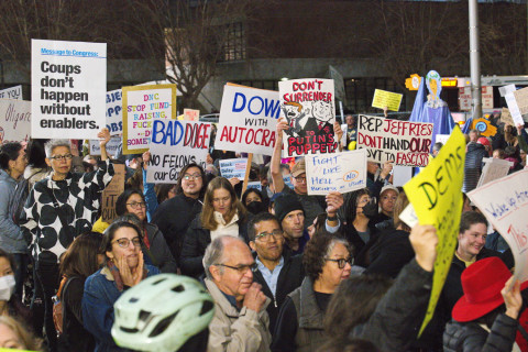Democrats protest that party eadership seems either unwilling or unable to provide meaningful opposition to the Trump runaway train