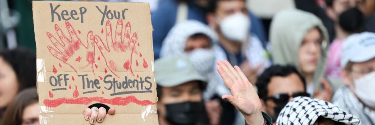 Pro-Palestine demonstrators gather in front of Columbia University in support of Mahmoud Khalil in New York City on March 14, 2025