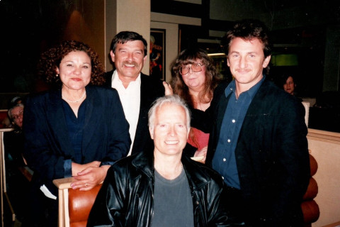 2001 Photo Of Sean Penn, Maverick Filmmaker and Director Rob Nilsson In Black Leather Jacket, Monica Cortez, and Lynda Carson (red hair a...