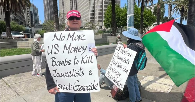On 2025 World Press Freedom Day a solidarity rally was held at San Francisco Harry Bridges plaza to demand an end of the arrests, torture...