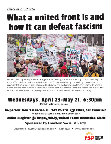 Flyer for Discussion Circle: What a United Front Is and How It Can Defeat Fascism; All info in event description