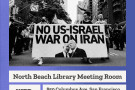 Meeting flyer with a picture of protesters holding a banner that reads "No US-Israel War on Iran" with a picture of Trump and Netanyahu