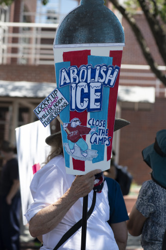 Demonstrators have protested at the Palantir location in downtown Palo Alto since 2016. Photos from most recent protest of July 14.