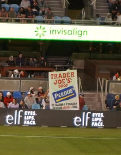DxE (Direct action Everywhere) Activists Drop Banner at Trader Joe’s-Sponsored Bay FC Soccer Match, Protesting Cruel Chicken Supplie