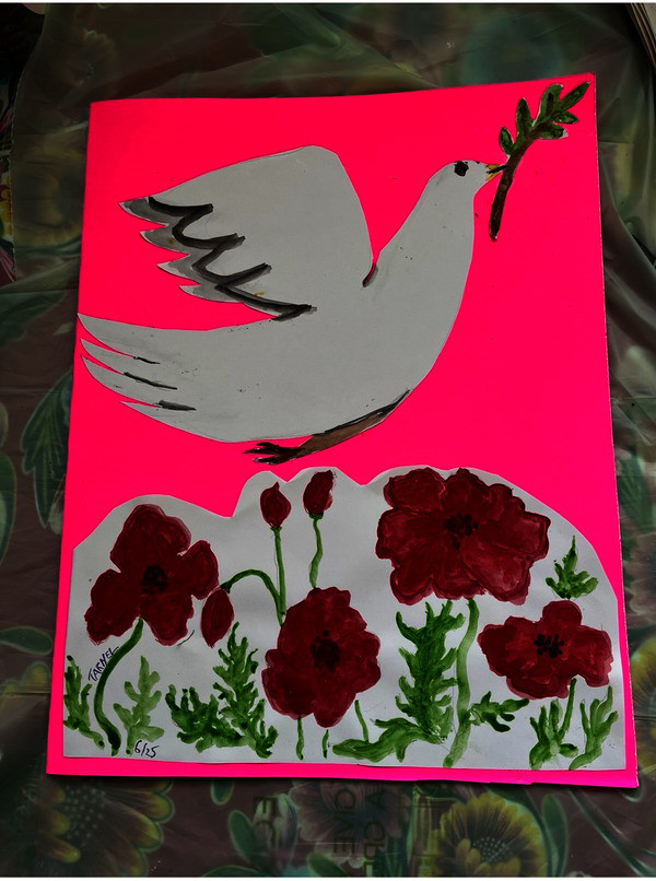 Peace dove with red Palestine poppies