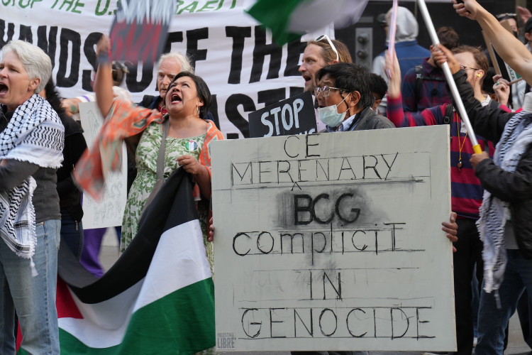 “Bay Area Rise up for Gaza” protesters nosily occupied the street outside the office of the Boston Consulting Group (BCG) located in the ...
