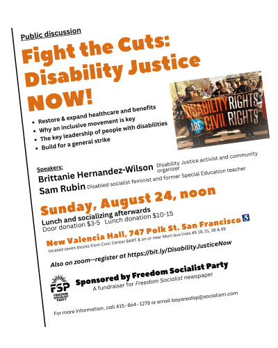 Flyer for Public Discussion — Fight the Cuts: Disability Justice NOW!; All info in event description