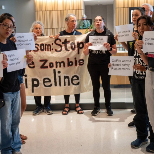 "Activists were at Newsom's office to make sure that our message is heard: Californians do not want another oil pipeline,” said Ilonka Z...