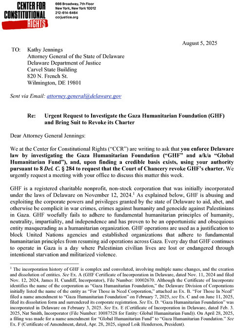 Kathy Jennings urged to enforce law, move to revoke GHF’s charter; 1,400 Palestinians killed seeking aid since GHF began operating