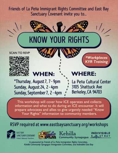 A picture of a monarch butterfly with the words Know Your Rights superimposed, and a description of three related events