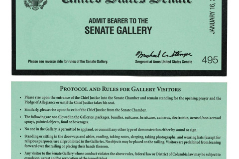 The above green ticket, is a Ticket to Donald J. Trump’s 2021 Senate impeachment trial (front and reverse)