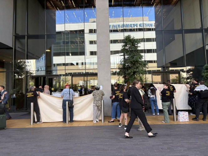 Protest outside hotel entrance