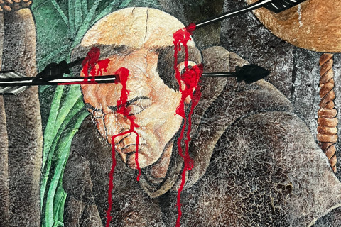 a Franciscan monk shot through the head with an arrow