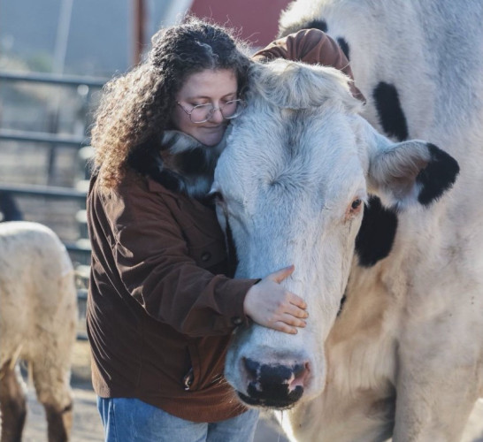 Zoe Rosenberg with a rescued cow at the animal sanctuary she founded when she was 11 years old.