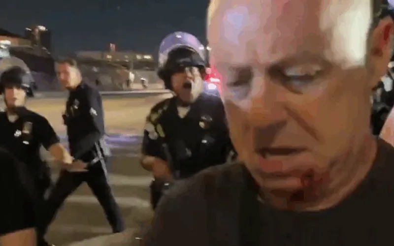 Photo: An LAPD officer assaulted photojournalist Nick Stern (foreground) after he held up his LA Press Club press pass (Screenshot taken ...