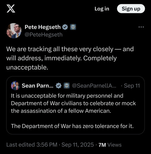 screenshot of Pentagon tweets saying there is zero tolerance for mocking Kirk's assassination