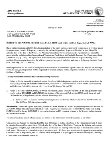 Letter To Pacifica From CA AG Bonta Failure To Comply With State Non-Profit Status