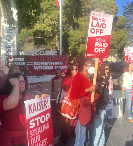 NNU CNA nurses at Kaiser protested throughout the state of California against layoffs and the introduction of AI leading to job losses an...