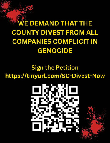 People's Aid Santa Cruz has initiated a petition calling on the County of Santa Cruz to divest from all companies complicit in the ongoin...