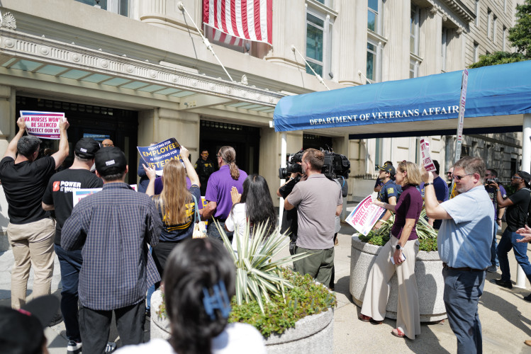 Veteran's, organized labor union activists, and federal employees rallied and protested at the Veteran's headquarters in Washington to pr...