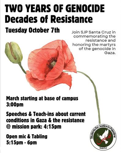 March from Base of Campus, UC Santa Cruz at 3 PM to Mission Plaza, 103 Emmett St, Santa Cruz