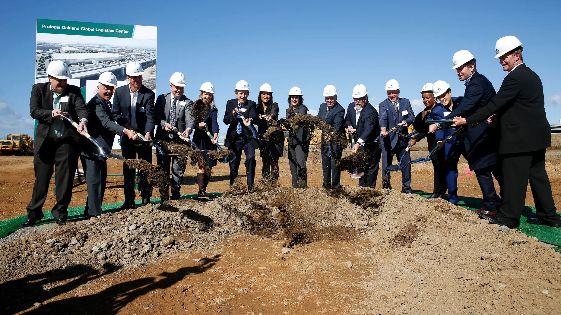 Noel Gallo, Libby Schaaf, Prologis founder and then-CEO Hamid Moghadam, and others do a PR show atop stolen lands.