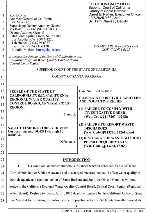 Santa Barbara, CA, October 8, 2025 – On Friday, October 3, the California Attorney General’s office filed a complaint against Sable Offsh...