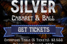 Over a flamboyant, sparkly, and feathery textured background, silver lettering reads: 25th QWOCMAP Anniversary Silver Cabaret and Ball Ticke