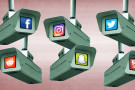 Illustration of surveillance cameras with social media company logos on lenses