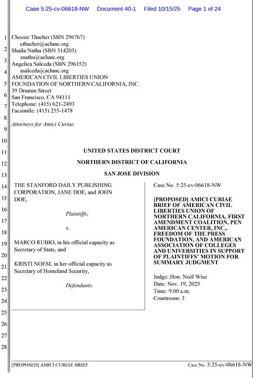 SAN FRANCISCO, October 16, 2025 — The ACLU of Northern California and several organizations fighting for free speech, academic freedom, a...