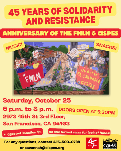 flier of event with an art piece in the middle of a crowd holding two banners, on the left is the fmln and on the right is CISPES
