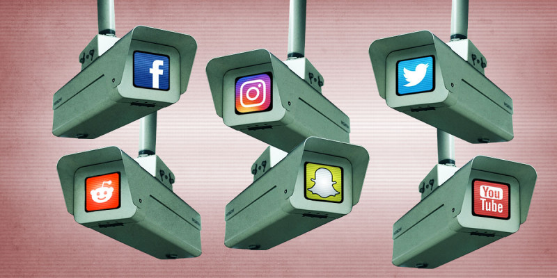 Illustration of surveillance cameras with social media company logos on lenses
