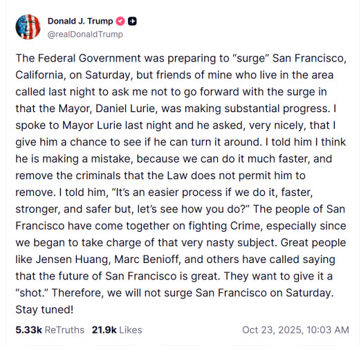 October 23, 2025 - After threatening for days to deploy troops to San Francisco, President Donald Trump announced that he would pull back...