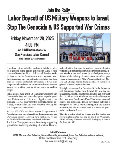 Friday 11/28: Rally at ILWU International - On Black Friday for Blockade of Military Aid to Israel
