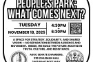 A high-contrast black-and-white flyer for the Nov. 18, 2025 “People’s Park: What Comes Next?” event, showing the date, time, location, QR co