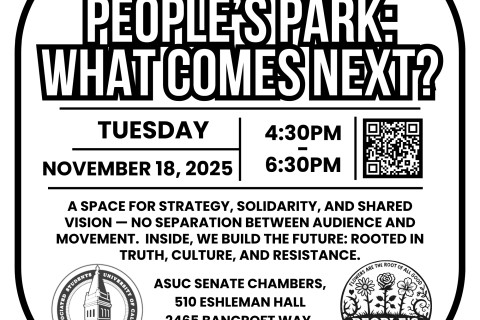 A high-contrast black-and-white flyer for the Nov. 18, 2025 “People’s Park: What Comes Next?” event, showing the date, time, location, QR co