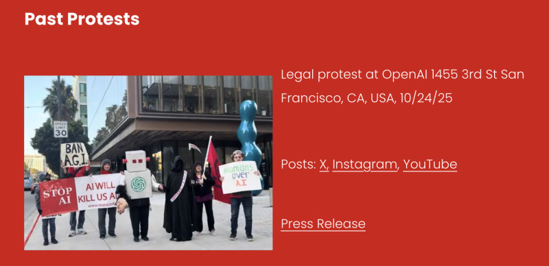 Text: Past Protest - Legal protest at OpenAI 1455 3rd St San Francisco, CA, USA, 10/24/25