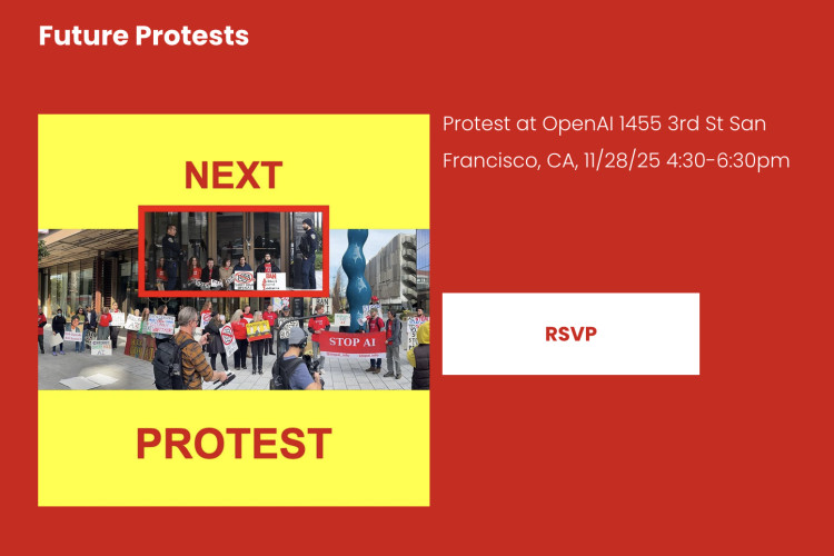 Text: Protest at OpenAI 1455 3rd St San Francisco, CA, 11/28/25 4:30-6:30pm